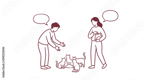 Man and woman feeding a group of cats with speech bubbles in a simple dark red line art style for pets.
