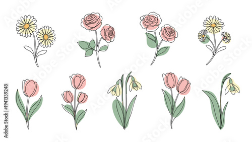 Comprehensive collection of minimalist floral line art drawings including roses tulips and daisies with soft pastel color accents.