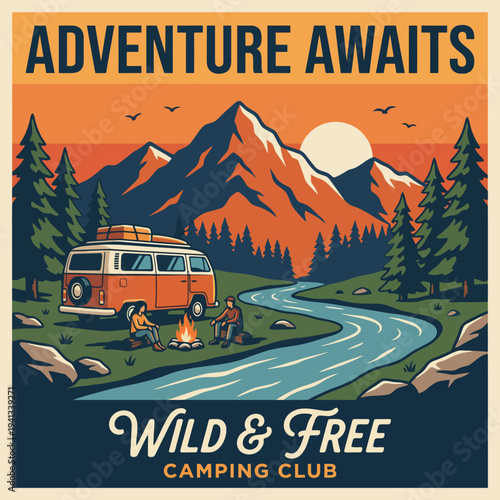 A serene camping scene by a flowing river with picturesque mountains in the background, showcasing the essence of outdoor adventure and friendship.