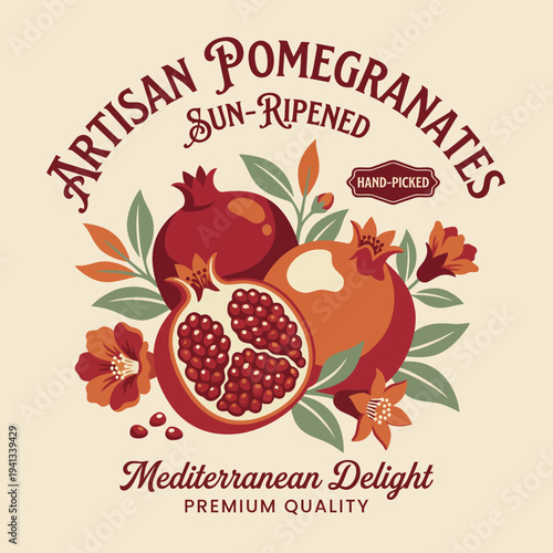 This gorgeous image showcases sun-ripened artisan pomegranates, perfect for highlighting their premium quality and appeal, surrounded by vibrant flowers that enhance their beauty.