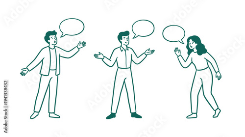 Green line art illustration of expressive people talking and gesturing with blank speech bubbles representing active communication and social interaction.