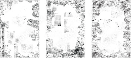 Glitch distorted grungy isolated layers . Design element for brochure, social media, posters, flyers. Overlay texture.Textured banner with Distress effect .Vector halftone dots . Screen print texture