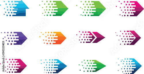Digital arrow technology icons collection with pixel speed motion gradient arrows modern data transfer direction vector set