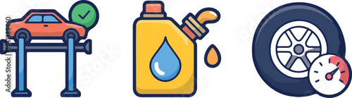 Car maintenance service vector icons showing vehicle lift oil change tire pressure check and automotive repair station equipment in flat design