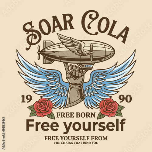 This whimsical design features a stylized airship with wings, roses, and an inspiring message about freedom and empowerment, perfect for those seeking to soar in life.