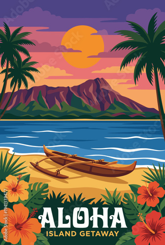 This stunning artwork showcases a tropical island sunset scene with canoes, palm trees, and vibrant colors, evoking feelings of relaxation and island adventure.