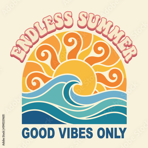 This cheerful image captures the essence of an endless summer with a rising sun and stylized waves, promoting a carefree lifestyle and a positive, uplifting atmosphere.