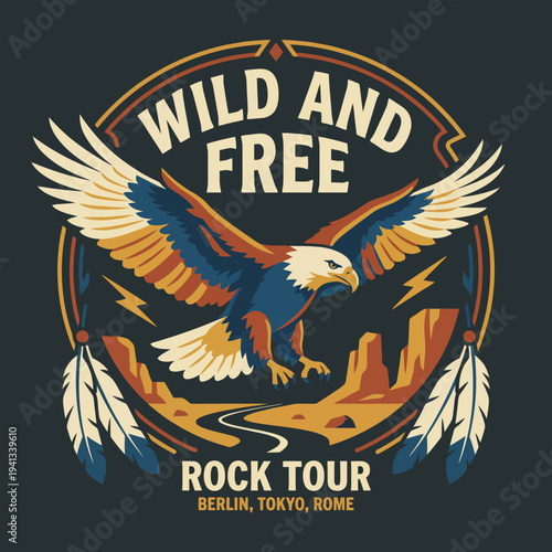 This electrifying design features a soaring eagle against a backdrop of rugged terrain, symbolizing freedom and adventure, perfect for promoting rock tours and music events.