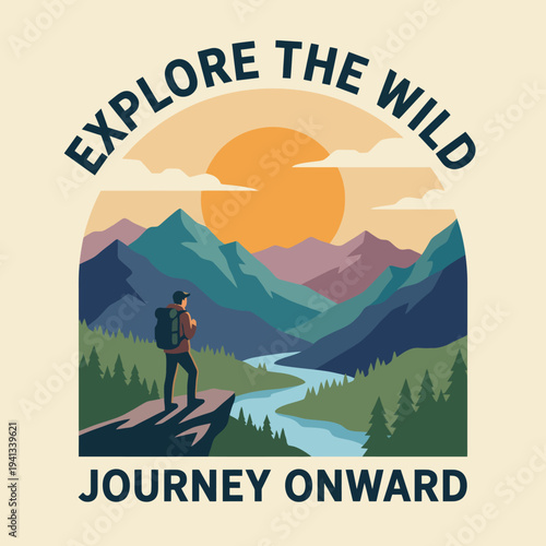 This dramatic landscape image shows a lone hiker overlooking a vast wilderness at sunset, encouraging adventure and exploration of nature's grandeur and beauty with tranquility.