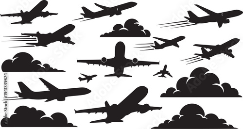 Airplanes flying in the sky with clouds silhouette vector