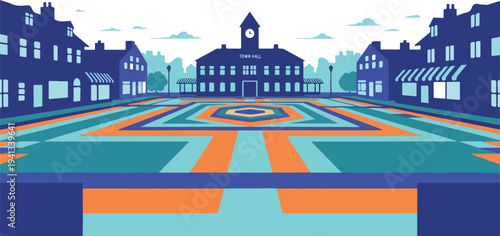 University campus landscape vector illustration with buildings and courtyard