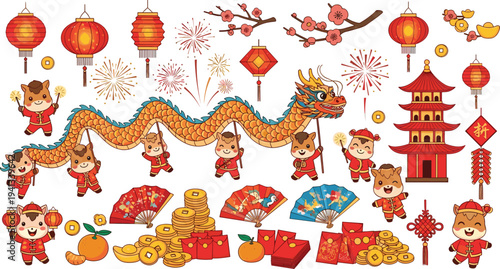 Chinese New Year festive elements collection with dragon lanterns fireworks red envelopes ox characters and traditional decorations vector set
