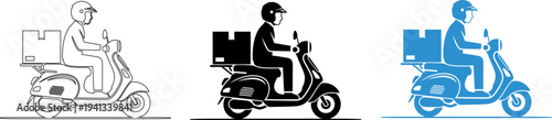 Icon variations of delivery riders on scooters in different styles