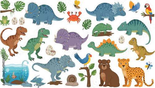 Cute cartoon dinosaurs and jungle animals collection with T rex triceratops stegosaurus bear leopard tropical vector set