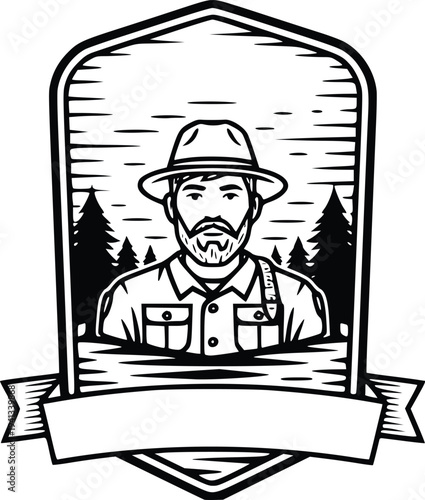 Hand Drawn Park Ranger Portrait Badge with Forest Landscape – Vintage Outdoor Emblem Vector