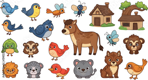Cute cartoon forest animals birds and insects collection with deer bear lion houses woodland vector illustration set