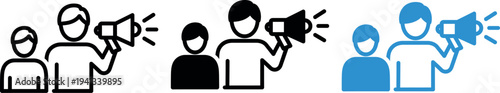 Black and blue icon set of people holding megaphones for communication and announcement concepts