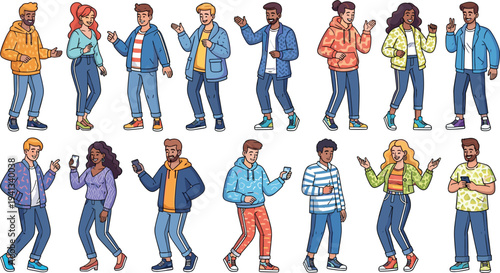 Young people characters collection using smartphones chatting walking and interacting modern lifestyle cartoon vector illustration set