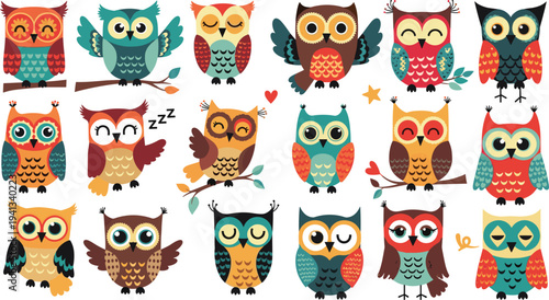 Cute colorful owl cartoon characters collection with funny expressions sitting flying and sleeping adorable bird mascot vector set
