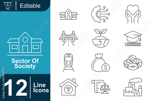 Sector of society icon set. Education system, healthcare service, housing community, agriculture farming, transportation train, public administration, social welfare support, economic development and 