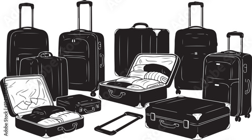 Collection of various suitcases and luggage in black outline