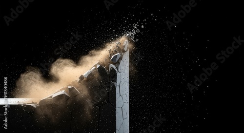Abstract representation of a crumbling structure turning into dust, illustrating physical degradation and the fundamental tendency toward increasing disorder, universal, dust, process