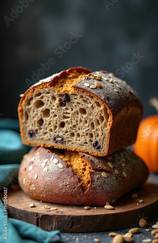 Two loaves of rye bread with seeds and dried berries. One loaf is sliced revealing crumb texture and dark berry inclusions. Pumpkin and nuts nearby suggest harvest season.
