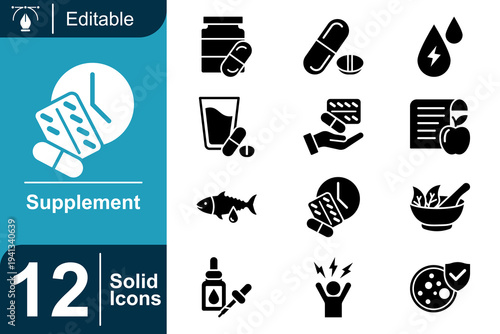 Supplement icon set. Vitamin capsules, dietary supplements, medical tablets, herbal medicine bottle, omega fish oil, nutrition powder, health wellness products and more. Solid vector icons collection.