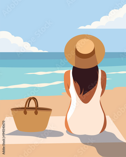 Summer vacation. Vector illustration of a woman in a white swimsuit, hat, sitting sunbathing on a beach towel by the sea. Wicker beach bag lies nearby. Perfect for summer, vacation, relaxation themes