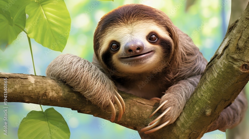 Naklejka premium Cheerful Sloth Hangs Languidly From a Branch in Lush Tropical Rainforest