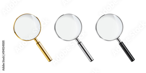 Magnifying glass search tool set. Magnifying glass trio with gold silver black handles and round lenses on light background for searching, zoom, inspection, scientific. Realistic vector illustration.