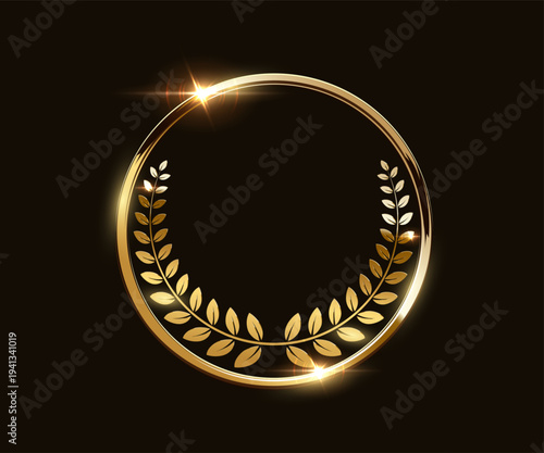 Gold award medal. Golden award winner emblem. Shiny round frame with wreath laurel and light sparkles on dark background for winners ceremony, branding, rewards. Luxury elegant vector illustration.