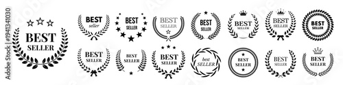 Award laurel wreath best seller icons set. Black badges with stars crowns and leaf frames isolated on white background for labels branding and marketing. Elegant monochrome vector illustration.
