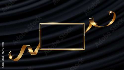 Award background. Gold award frame with golden silk ribbon on black curtain backdrop and empty space in center. Elegant luxury vector illustration, banner for event, winner ceremony, invitation, VIP.