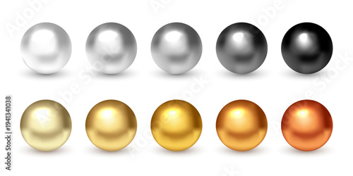 Metal balls. 3D golden silver bronze metallic spheres with reflections and shadows. Set of shiny reflective bead, bullet, pearl, crystal. Realistic vector illustration.