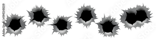 Bullet hole gun mark effects set. Dark impact shapes with torn edges and metallic shading on white background with damage textures. Detailed realistic vector illustration.
