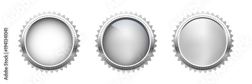 Silver metal medal set. Platinum buttons, seals. Second place awards. Shiny badges for top ranking, winners, competition prize, or achievement certificate. Realistic vector illustration.