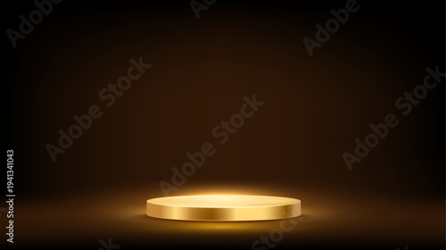 Gold award podium. Golden product placement platform on dark background. Empty 3d luxury elegant pedestal for product presentation, winners ceremony. Minimal realistic vector illustration.