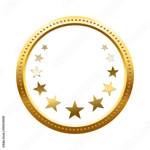 Golden circular award frame with glowing stars on white background. Gold shiny metallic ring symbolizing first place. Luxury badge, button, certificate, stamp. Realistic vector illustration.