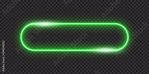 Neon glow light rounded rectangle frame. Led rectangular game button. Green light outline on transparent with soft luminous effect. Futuristic UI element. Modern color geometric vector illustration.