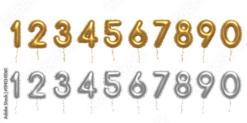 Gold and silver balloon numbers. 3D birthday golden baloon metallic numbers isolated on white. Bright realistic vector design elements for anniversary, celebration, party, sale, promotion.