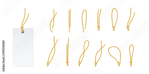 Price tags. Sale labels. Hanging tags. Blank white labels mockups. Paper empty stickers of different shapes with string loops for retail, packaging, gifts, luggage. Realistic vector illustrations set.