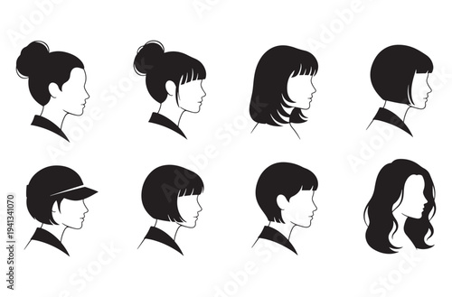 Various female profile head silhouettes showing different hairstyles and fashion styles including bob cut and bun and bangs isolated on transparent background for beauty salon design