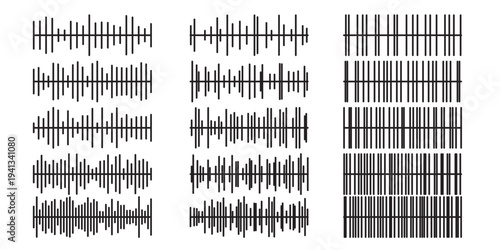 Sound wave audio waveform pattern. Sound wave rows with black vertical lines forming rhythm shapes across white background space. Minimal music signal abstract vector illustration.