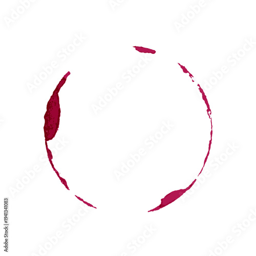 Wine glass stain. Red circular wine ring and splashes on white background. Realistic beverage mark for bar or restaurant design, menu decoration. Texture realistic vector illustration.