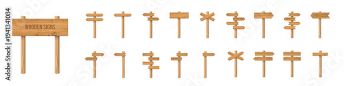 Wooden sign board set. Wood 3d poles with multiple arrow planks and posts in different layouts on light. Rustic natural realistic vector illustration.