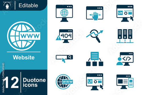 Website icon set. Web interface design, browser window, internet technology, website analytics chart, coding development, search engine bar, server database system and more. Duotone vector icons colle