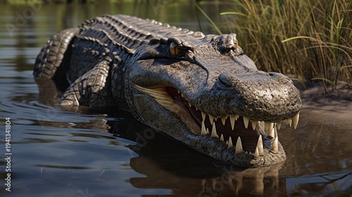 Close-Up Portrait of a Crocodile Head Emerging Boldly from Murky Wetland Water