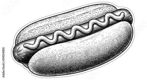 Hand-Drawn Hot Dog with Mustard - Vintage Sketch Style