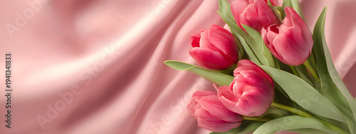 A pink banner featuring a red bouquet of spring tulips has ample space for copying. This poster is designed to promote mothers day on March 8th.